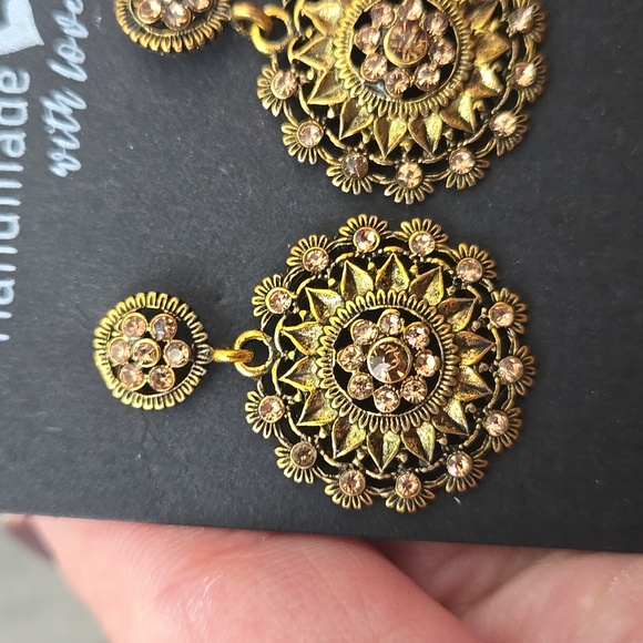 Handmade Art Deco Inspired Earrings In Vintage Gold, NWT - Picture 7 of 13